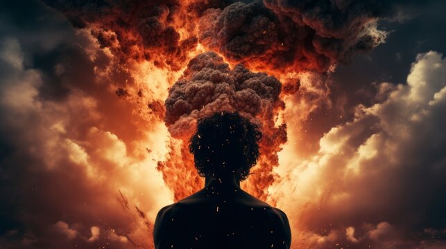 A dramatic man's face silhouette, with a powerful volcano erupting from his head, symbolizing explosive ideas and creativity