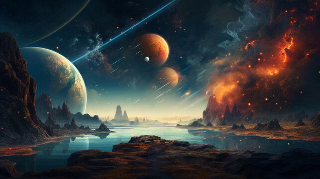 An exquisite painting showcasing the beauty of a space scene, complete with vibrant planets and shimmering stars