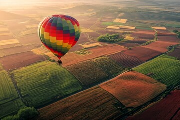 A hot air balloon ride over a patchwork of colorful fields during sunrise. AI generative