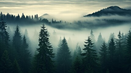 Majestic Forest Veiled in Mist, A Serene and Enchanting Sight