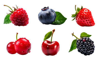 Berries set with transparent background PNG. Cranberry, Bilberry, Blackberry, Strawberry, Raspberry, Cherry. Generative AI