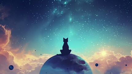Cat Sitting on Planet in the Cosmic Space