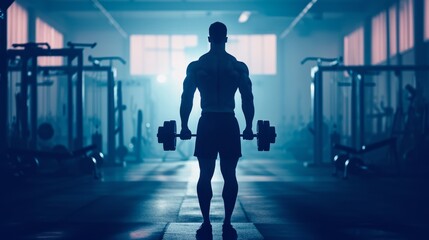 Silhouette Man Holding Barbell in Gym