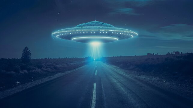 Alien Spaceship Flying Over Highway at Night