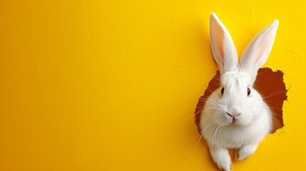 White Easter bunny poster peeking out of a hole in the yellow wall with copy space
