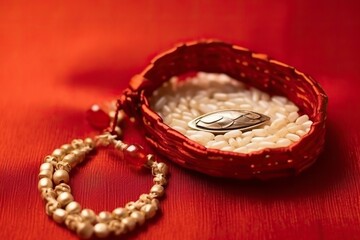 Indian festival with beautiful Rakhi and Rice Grains