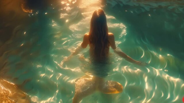 Beautiful brunette girl swimming. Pretty mermaid woman tail water reflection. Attractive sexy female model. Nature beauty. Clean water. Mystical wet fairytale siren creature. Ocean legend aerial view.