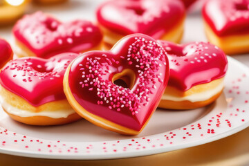 Obraz na płótnie Canvas Heart shaped sweet doughnuts with red icing glaze and sugar sprinkles on white plate. Delicious pink donuts. Valentines day dessert. Love background.
