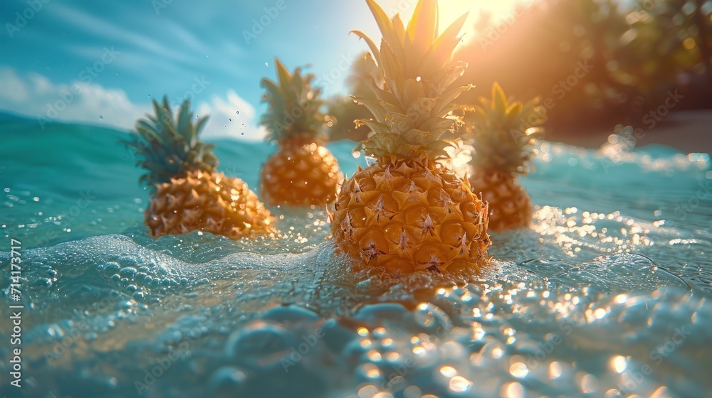 Poster  a group of pineapples floating on top of a body of water with the sun shining through the clouds and the water splashing on top of the pineapples.