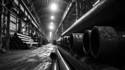 Stacks of round metal pipes in a warehouse on the territory of a factory. black and white image - obrazy, fototapety, plakaty