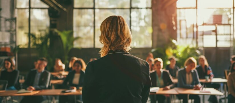 Motivational speaker discusses happiness, success, productivity. Startup presenter pitching ideas with cinematic photo.