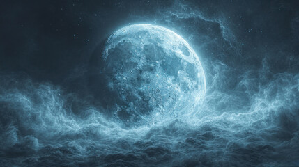  a large blue moon in the middle of a cloudy sky with a star in the middle of the moon in the center of the picture is a black sky with white clouds. - obrazy, fototapety, plakaty