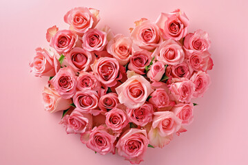 Pink roses arranged in the shape of a heart on a pink background. Valentines day concept.