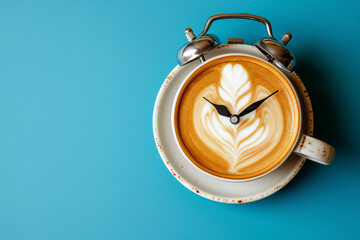 Cup of coffee instead of classic alarm clock face isolated on blue background with copy space....
