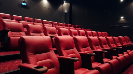 rows of red empty seats in a cinema hall. Modern cinema screen hall