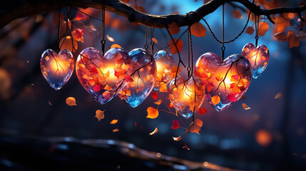 colorful heart shapes are hanging from a branch