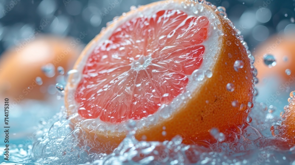 Poster a close up of a grapefruit cut in half with water splashing on it and on top of the whole grapefruit