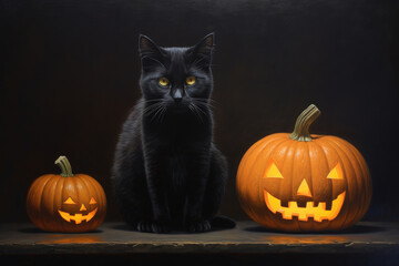 jack o lantern halloween pumpkins and black cat