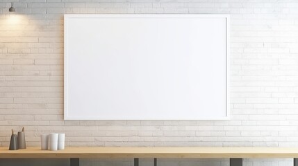 mock up poster frame, white chalkboard. Room interior with white walls, empty board on the wall for writing