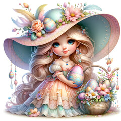 3D digital render of a cute little princess with a basket of Easter eggs isolated on white background