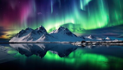 Naklejka premium View of night sky with multicolored aurora borealis and snowy mountains peak background. Night glows in vibrant aurora reflection on the lake with forest. 