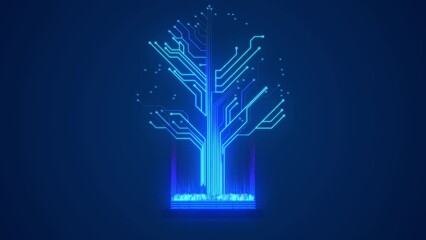 Growing circuit board tree. Blue glowing circuit board electronic high tech growing tree. Digital tree. Future technology block chain concept. 