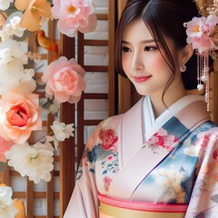 A Young Japanese Girl Wearing Traditional Kimono Dress
