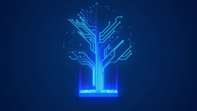 Growing circuit board tree. Blue glowing circuit board electronic high tech growing tree. Digital tree. Future technology block chain concept. 
