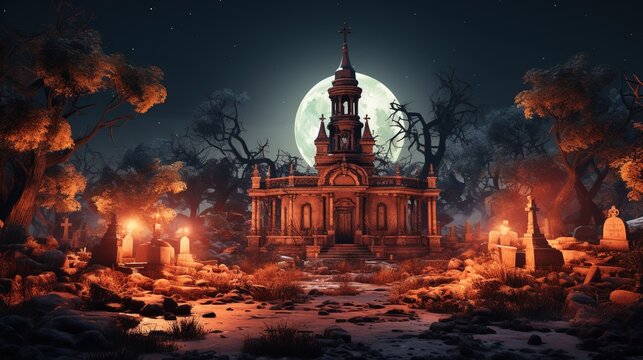 A haunting digital painting of a desolate graveyard on Halloween