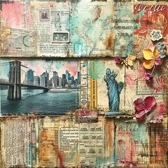 Whispers of Time: Lightly Weathered Scrapbook Collage with Vintage Newspaper, Blank Label, Vintage Ticket, and Postmark in a Beautiful Soft Watercolor Ensemble