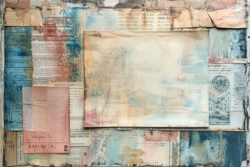 Whispers of Time: Lightly Weathered Scrapbook Collage with Vintage Newspaper, Blank Label, Vintage Ticket, and Postmark in a Beautiful Soft Watercolor Ensemble - obrazy, fototapety, plakaty