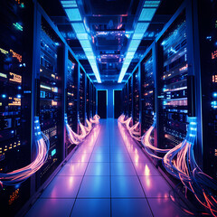 High-tech server room with blinking lights and cables - obrazy, fototapety, plakaty