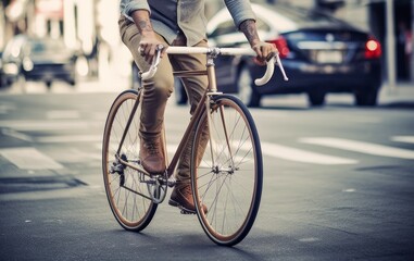 Man on a retro bicycle on a city street, movement in casual style - obrazy, fototapety, plakaty