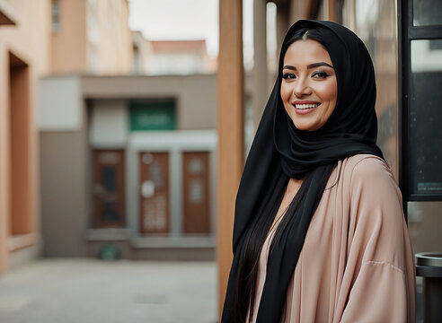 Confident Smiling emirate women, outdoor portrait.