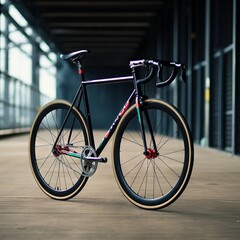 Stylish fixed gear city bike with black frame and red accents on a white background.