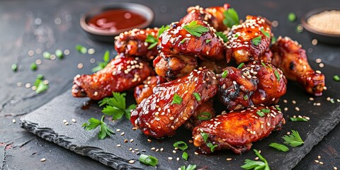 Incredibly tasty BBQ chicken with sesame seeds on a black plate, fast food, sweet and sour sauce, Asian cuisine, background, wallpaper. - obrazy, fototapety, plakaty