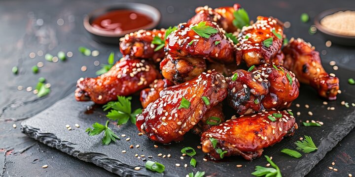 Incredibly tasty BBQ chicken with sesame seeds on a black plate, fast food, sweet and sour sauce, Asian cuisine, background, wallpaper.