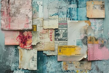 Timeless Ephemera: Dive into the Past with a Lightly Weathered Scrapbook Collage, Featuring Vintage Newspaper, Blank Label, Vintage Ticket, and Postmark in Soft Watercolors