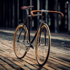 Elegant bicycle with retro design, leather saddle and handlebars on a background of a wooden path