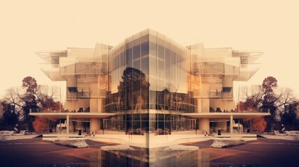 An image of a modernist building with metal and glass facade elements surrounded by autumn trees with orange foliage - obrazy, fototapety, plakaty