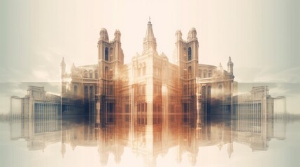 Abstract image of a cityscape with silhouettes of church spiers, made using the double exposure technique with soft transitions of sepia tones.