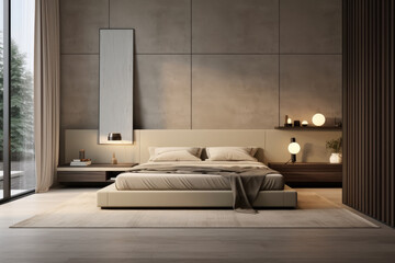 Fototapeta na wymiar Khaki color minimal bedroom interior with bed and luxury decoration