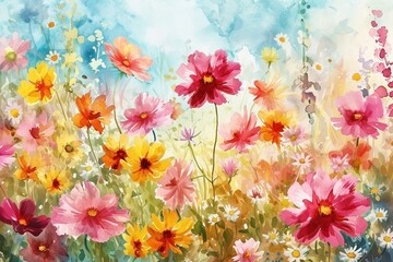 Radiant European Blooms: A Blissful Watercolor Tapestry of Sunny Summer Blossoms Creating a Joyful Background Wallpaper Texture
