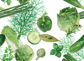 Realistic pattern with green vegetables. vector mesh illustration