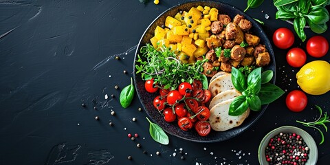 Healthy balanced lunch, combination of proteins and carbohydrates, tomatoes, chicken, mozzarella, healthy food, healthy lifestyle, wallpaper, background. - obrazy, fototapety, plakaty