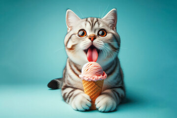 Fototapeta na wymiar American Shorthair cat with tongue hanging out, big bulging eyes eat ice cream cone on color background. ai generative