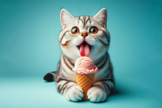 American Shorthair cat with tongue hanging out, big bulging eyes eat ice cream cone on color background. ai generative
