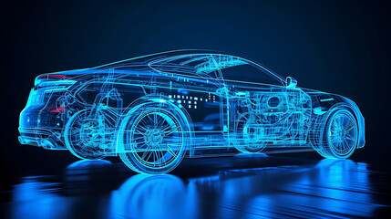 Sedan car transparent Blue wire frame blueprints isolated on a black background. Front view of a sports car blue wireframe with transparent engine. 