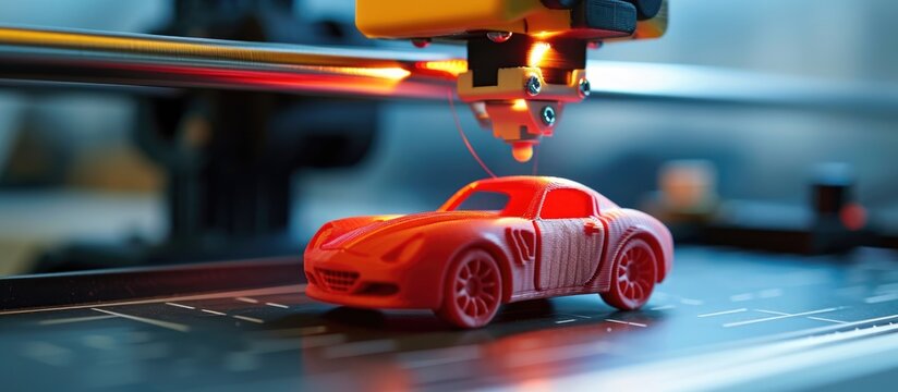 Red toy car being printed by 3D printer with filament descending.
