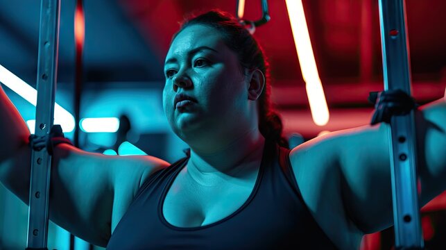 Portrait of a fat woman doing sports in the gym. Motivation for a healthy lifestyle. illuminated with dynamic composition and dramatic lighting.